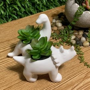 2 Ceramic Dinosaur Planter Faux Succulent Decor